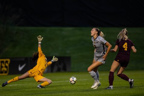 Iowa midfielder Hailey Rydberg reacts as her shot drifts wide during Iowas game against Central Michigan on Friday, Aug. 31, 2018. The Hawkeyes defeated the Chippewas 3-1.
