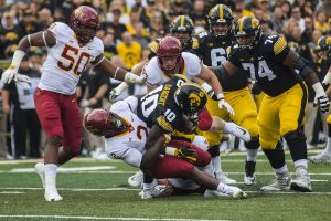 Iowas Mekhi Sargent gets tackled by Iowa States Willie Harvey during the Iowa/Iowa State football game at Kinnick Stadium on Saturday, Sept. 8, 2018. The Hawkeyes defeated the Cyclones, 13-3. 