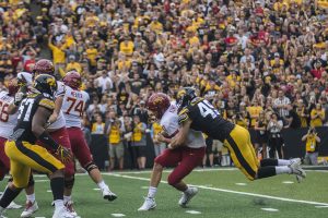 Iowa State quarterback Kyle Kempt gets sacked by Iowa linebacker Nick Niemann during the Iowa/Iowa State football game at Kinnick Stadium on Saturday, September 8, 2018. The Hawkeyes defeated the Cyclones, 13-3. 
