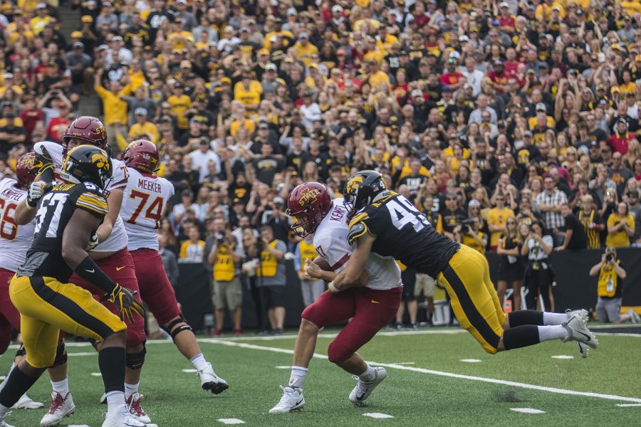 Iowa+State+quarterback+Kyle+Kempt+gets+sacked+by+Iowa+linebacker+Nick+Niemann+during+the+Iowa%2FIowa+State+football+game+at+Kinnick+Stadium+on+Saturday%2C+September+8%2C+2018.+The+Hawkeyes+defeated+the+Cyclones%2C+13-3.+