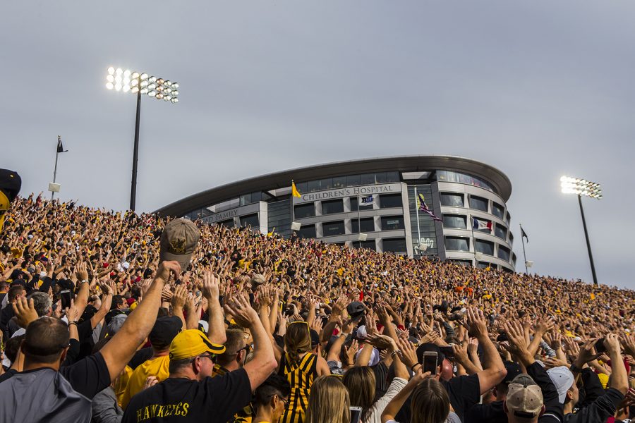 Fans wave to the Stead Family Children's Hospital during the Iowa/Iowa State football game at Kinnick Stadium on Saturday, September 8, 2018. The Hawkeyes defeated the Cyclones, 13-3.