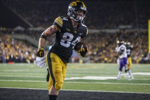 Iowa Hawkeyes wide receiver Nick Easley (84) scores a touchdown during the Iowa/UNI football game at Kinnick Stadium on Saturday, September 15, 2018. The Hawkeyes defeated the Panthers, 38-14. 