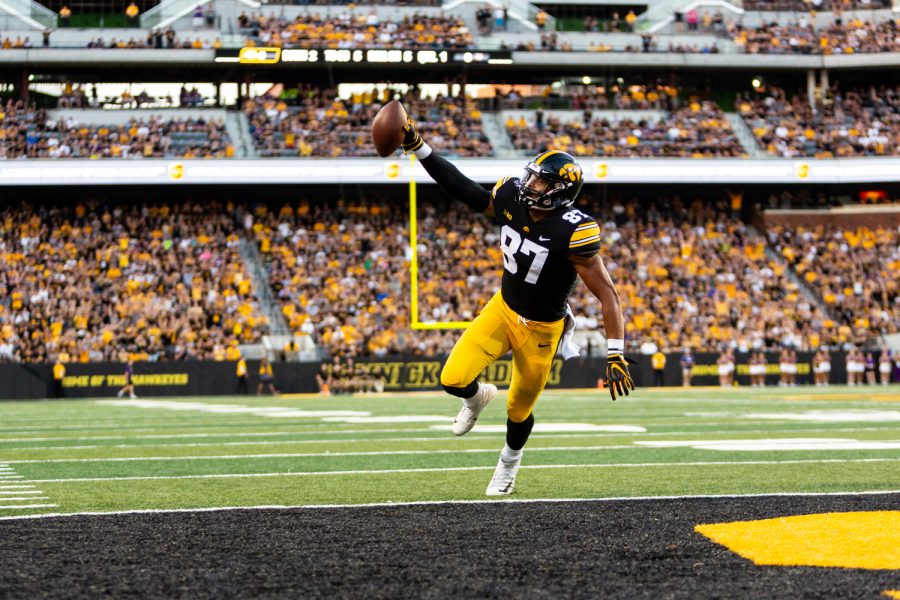 Iowa Hawkeyes tight end Noah Fant (87) celebrates as he crosses the goal line during a game against Northern Iowa at Kinnick Stadium on Saturday, Sep. 15, 2018. The Hawkeyes defeated the Panthers 38–14. (David Harmantas/The Daily Iowan)