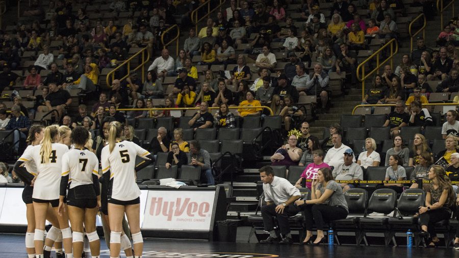 The home crowd watches the game during the Iowa vs. Michigan volleyball game on Sunday, September 23. The Wolverines defeated the Hawkeyes (3-1) at Carver-Hawkeye Arena. Iowa now has (9-4) overall record, and faces Illinois next Friday. (Chris Kalous/The Daily Iowan).