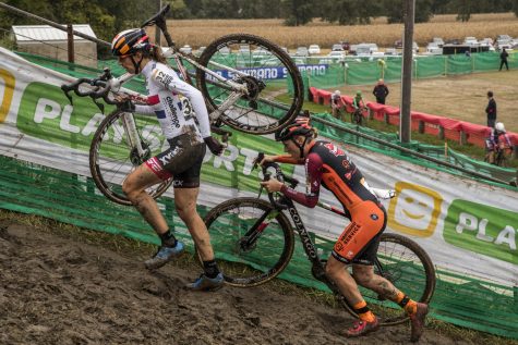 Great Britains Helen Wyman carries her bike up a climb during the UCI Elite Cyclo-Cross World Cup at the Jingle Cross Cyclo-Cross festival on Saturday, September 29, 2018. Belgiums Toon Aerts won the mens event while American Katlin Keough won the womens race.