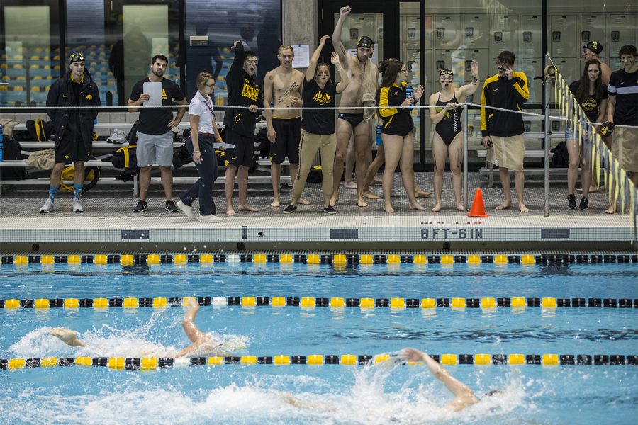 The Iowa swim team cheers on competitors during the Iowa Swimming and Diving Intrasquad Meet at the Campus Recreation and Wellness Center on Saturday, September 29, 2018. 