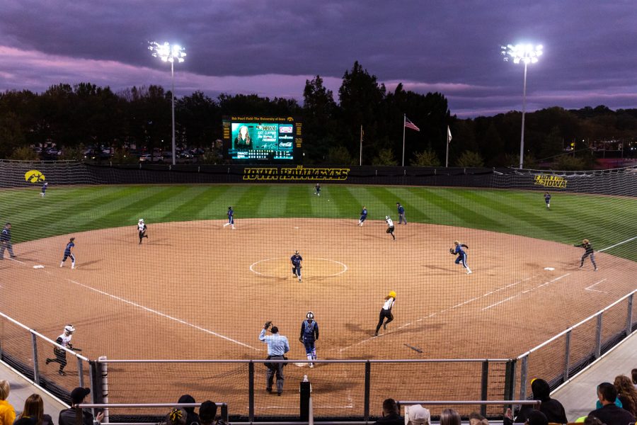 Iowa's Kate Claypool sprints towards first base during a softball game against Des Moines Area Community College on Friday, Sep. 21, 2018. The Hawkeyes defeated the Bears 8-1.