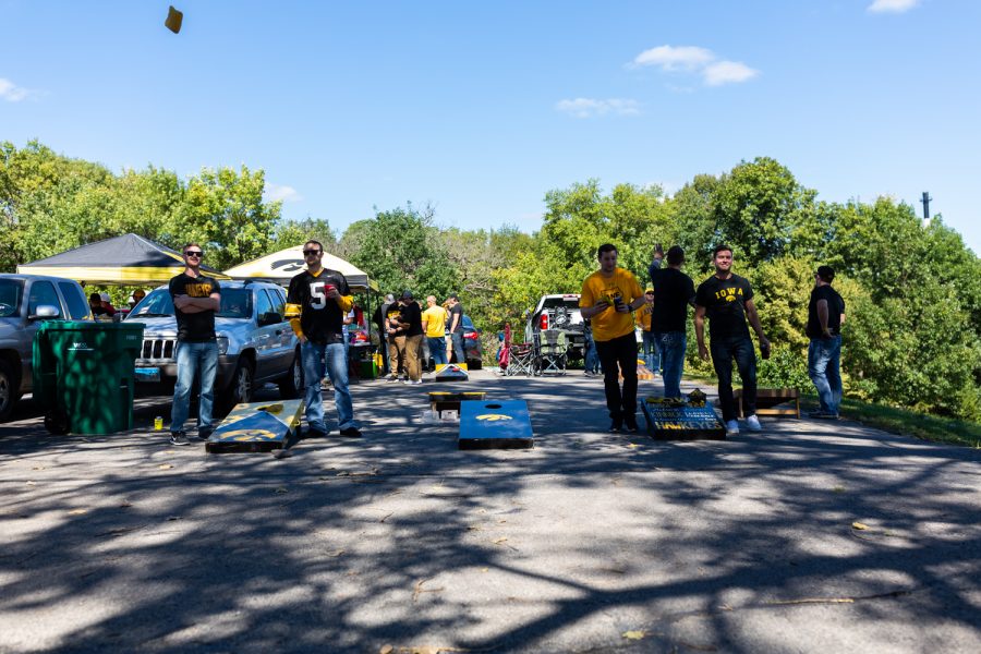 Multiple bags games are played simultaneously in the Myrtle Ave. lot before the Iowa-Wisconsin football game on Saturday, Sep. 22, 2018. 