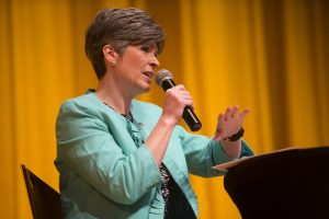 Sen. Joni Ernst, R-Iowa, speaks during a town hall meeting in Sinclair Auditorium in Cedar Rapids on the Coe College campus on Friday, March 17, 2017.  