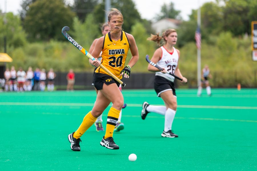 Iowa's Sophie Sunderland chases down the ball during a game against Ball State on Sunday, Sept. 2, 2018. The Hawkeyes defeated the Cardinals 7–1. 