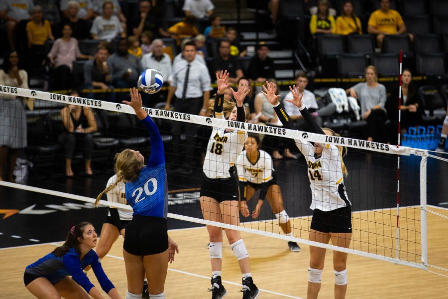 Hannah+Clayton+and+Cali+Hoye+block+the+ball+during+Iowas+match+against+Eastern+Illinois+on+Sunday%2C+Sept.+9%2C+2018+at+Carver-Hawkeye+Arena.+The+Hawkeyes+won+the+match+3-0.