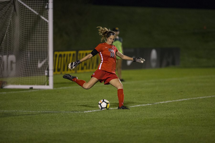 Sophomore+Cora+Meyer+kicks+the+ball+back+in+play+during+the+Iowa+vs.+Purdue+soccer+game+on+Sept.+20%2C+2018+at+the+Iowa+Soccer+Complex+in+Iowa+City.+Iowa+tied+Purdue+1-1+in+overtime.+