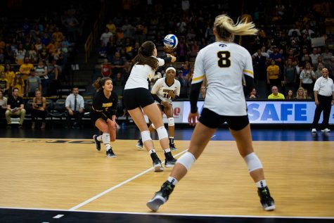 Courtney Buzzario hits the ball during Iowas match against Eastern Illinois on Sunday, Sept. 9, 2018 at Carver-Hawkeye Arena. The Hawkeyes won the match 3-0.