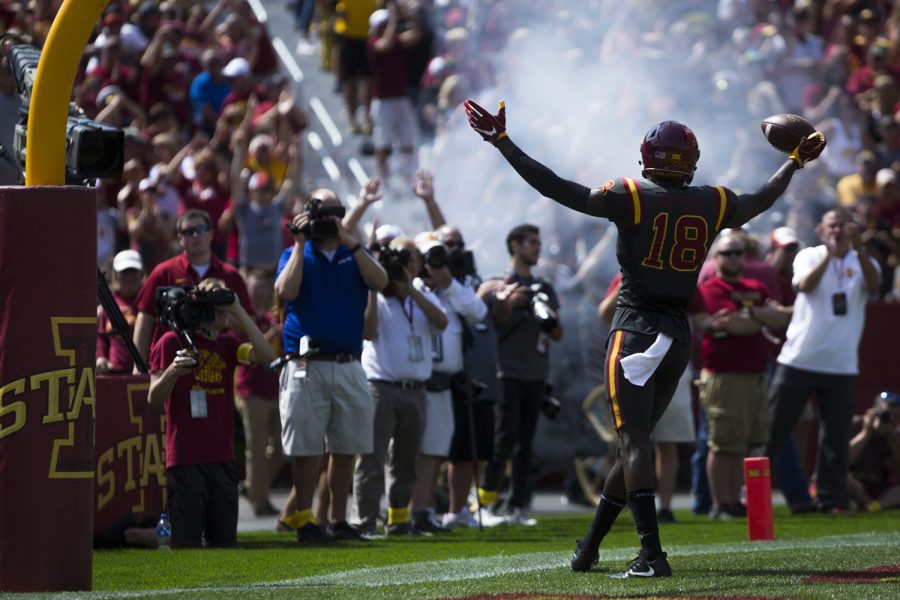 Iowa State wide receiver Hakeem Butler celebrates a touchdown during the Iowa/Iowa State game for the Cy-Hawk trophy in Jack Trice Stadium on Saturday, Sept. 9, 2017. The Hawkeyes defeated the Cyclones, 44-41, in overtime.
