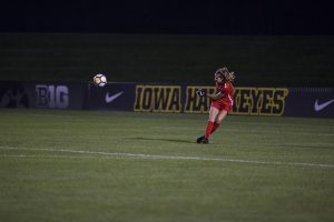 Sophomore Cora Meyer kicks the ball during the Iowa vs. Purdue soccer game on Sept. 20, 2018 at the Iowa Soccer Complex in Iowa City. Iowa tied Purdue 1-1 in overtime. 