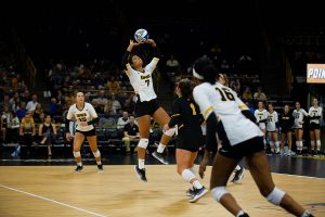 Brie Orr sets the ball during Iowas match against Eastern Illinois on Sunday, Sept. 9, 2018 at Carver-Hawkeye Arena. The Hawkeyes won the match 3-0.