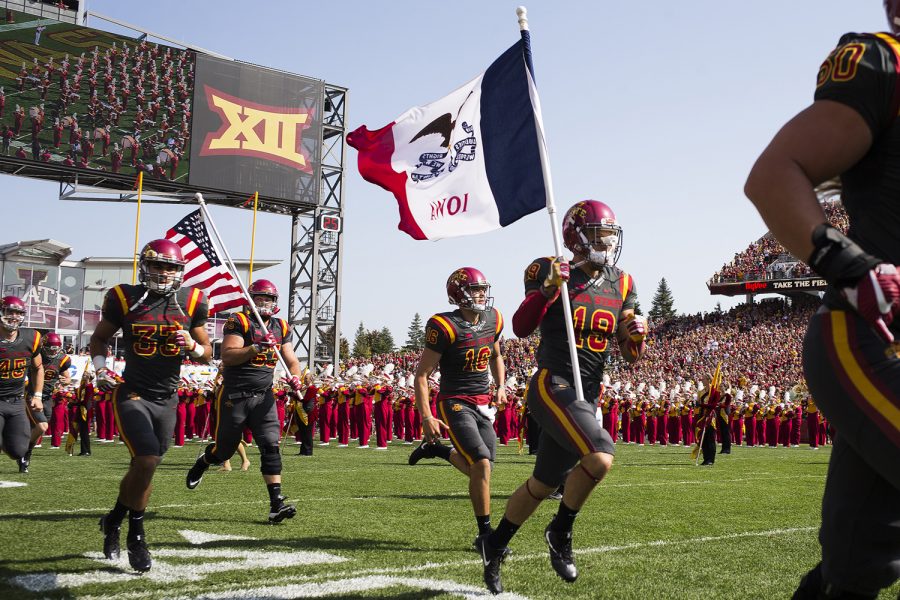 Iowa State players take to the field during the Iowa/Iowa State game for the Cy-Hawk trophy in Jack Trice Stadium on Saturday, Sept. 9, 2017. The Hawkeyes defeated the Cyclones, 44-41, in overtime.