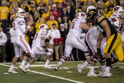 Wisconsin quarterback Alex Hornibrook drops back during Iowas game against Wisconsin at Kinnick Stadium on Saturday, Sept. 22, 2018. The Badgers defeated the Hawkeyes 28-17.