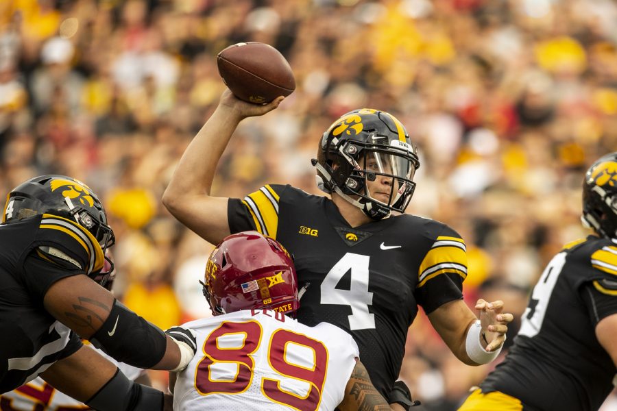 Iowa+quarterback+Nate+Stanley+throws+under+pressure+during+Iowas+game+against+Iowa+State+at+Kinnick+Stadium+on+Saturday%2C+Sept.+8%2C+2018.+The+Hawkeyes+defeated+the+Cyclones+13-3.