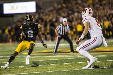 Iowa wide receiver Ihmir Smith-Marsette makes a cut during Iowas game against Wisconsin at Kinnick Stadium on Saturday, Sept. 22, 2018. The Badgers defeated the Hawkeyes 28-17.