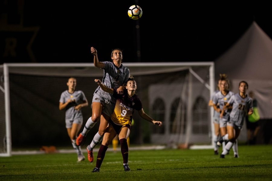 Iowa forward Kaleigh Haus wins a header during Iowas game against Central Michigan on Friday, Aug. 31, 2018. The Hawkeyes defeated the Chippewas 3-1.