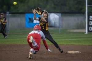 Iowas Aralee Bogar prepares to receive a throw at second during Iowa’s Big Ten tournament game against Ohio State at the Goodman Softball complex in Madison, Wisconsin on Friday, May 11. The Hawkeyes defeated the Buckeyes 5-1. 