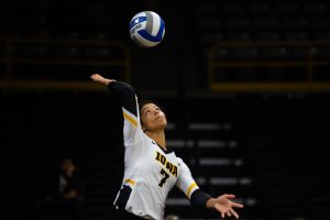 Brie Orr serves the ball during Iowas match against Eastern Illinois on Sunday, Sept. 9, 2018 at Carver-Hawkeye Arena. The Hawkeyes won the match 3-0.