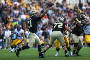 Purdue quarterback David Blough throws the ball during the Iowa v. Purdue football game at Ross–Ade Stadium on Saturday, Oct. 15, 2016. The Iowa Hawkeyes beat the Purdue Boilermakers 49-35. 