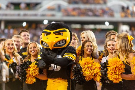 Herky the Hawk celebrates with the Iowa cheerleaders during a game against Northern Iowa at Kinnick Stadium on Saturday, Sept. 15, 2018. The Hawkeyes defeated the Panthers 38–14. 