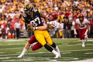 Iowa Tight End Noah Fant runs after a catch during Iowas game against Iowa State at Kinnick Stadium on Saturday, Sept. 8, 2018. The Hawkeyes defeated the Cyclones 13-3.