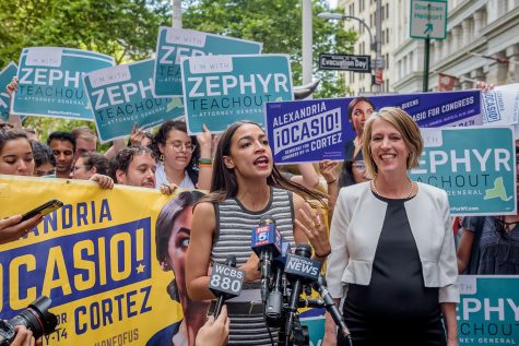 Alexandria Ocasio-Cortez announces her endorsement of Zephyr Teachout for New York attorney general on July 12, 2018, at the Charging Bull statue in lower Manhattan, New York. (Erik McGregor/Sipa USA/TNS)