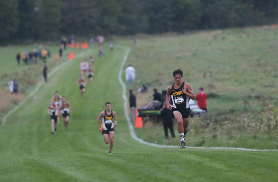Hawkeye runner Daniel Soto sprints towards the finish line in 2nd place at Ashton Cross Country Course on Oct. 1, 2016.