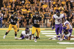 Iowa Hawkeyes running back Mekhi Sargent (10) breaks away from tacklers during a game against Northern Iowa at Kinnick Stadium on Saturday, Sept. 15, 2018. The Hawkeyes defeated the Panthers 38–14. 