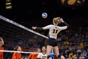 Iowa Hawkeye Volleyball player Kelsey O’Neill spikes the ball during a match against the University of Illinois Fighting Illini on Friday, Oct. 19, 2017. The Illini defeated the Hawkeyes three sets to two. 
