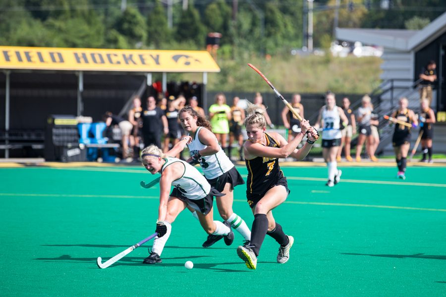 Iowa's Ellie Holley prepares a shot during a field hockey match between Iowa and Dartmouth College at Grant Field on Friday, August 31, 2018. The Hawkeyes shut out the Big Green, 6-0.