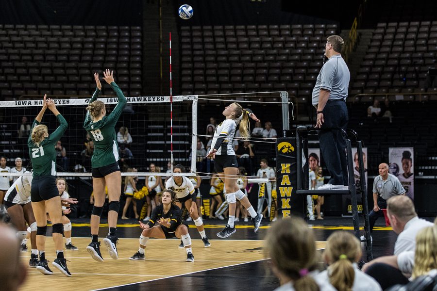 Iowas Cali Hoye goes for a kill during a volleyball match between Iowa and Michigan State on Friday, September 21, 2018. The Hawkeyes defeated the Spartans, 3 sets to 0.