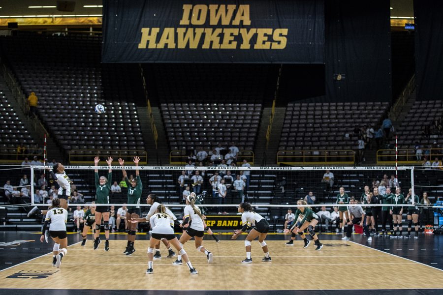 Iowa's Taylor Louis goes for a kill during a volleyball match between Iowa and Michigan State on Friday, September 21, 2018. The Hawkeyes defeated the Spartans, 3 sets to 0.