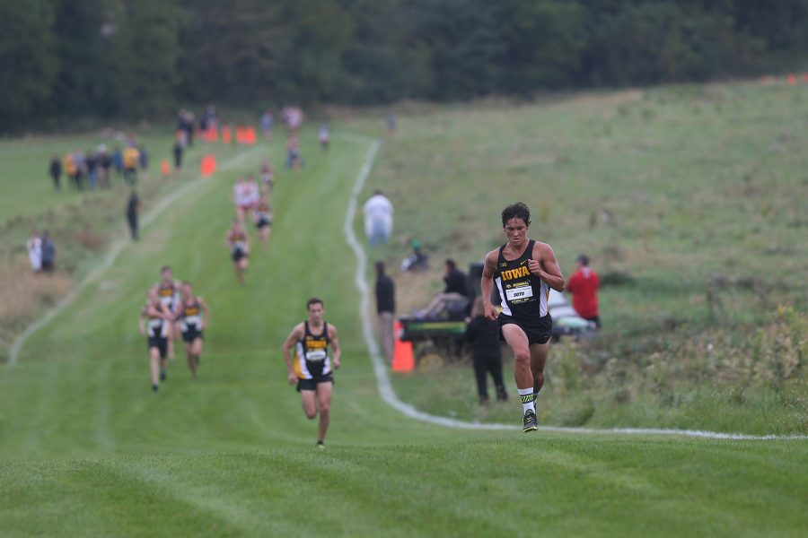Hawkeye runner Daniel Soto sprints towards the finish line in 2nd place at Ashton Cross Country Course on Oct. 1, 2016. 