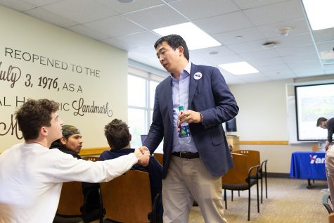 Democratic presidential candidate Andrew Yang shakes hands with Harry Zielinski of Iowa City during an appearance sponsored by the college Democrats in the IMU on Monday, Sept. 24, 2018. 