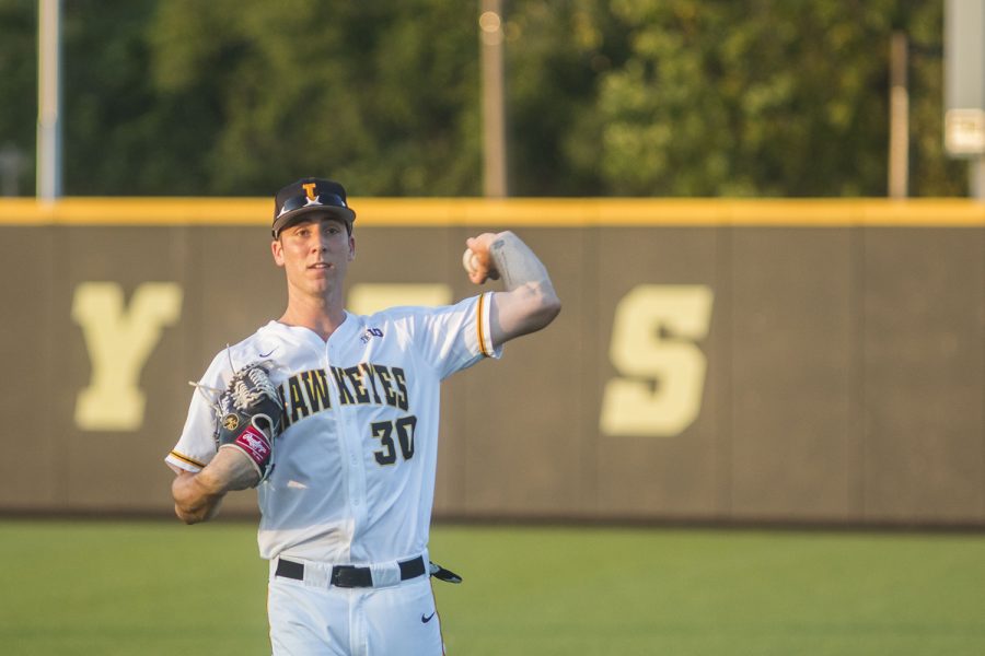 Iowas Connor McCaffery warms up his arm during the Iowa/Southeastern Community College at Duane Banks Field on Thursday, September 20, 2018. The Hawkeyes defeated the Blackhawks, 23-5. (Lily Smith/The Daily Iowan)