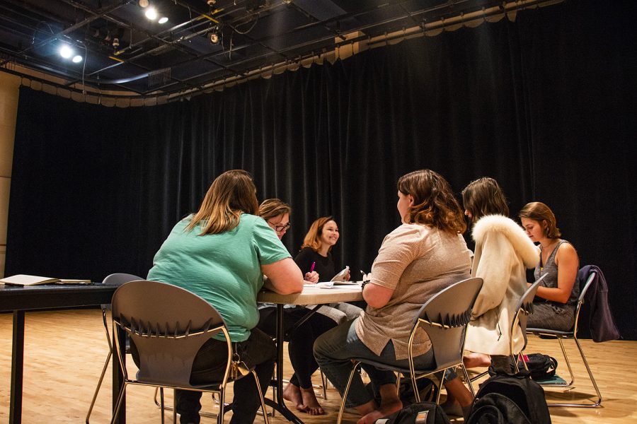 Group members of Battle Creek rehearse lines in the Theater Building on Tuesday, September 11, 2018. The plot of the play revolves around four women standing up to men who mistreated them. (Katina Zentz/The Daily Iowan)
