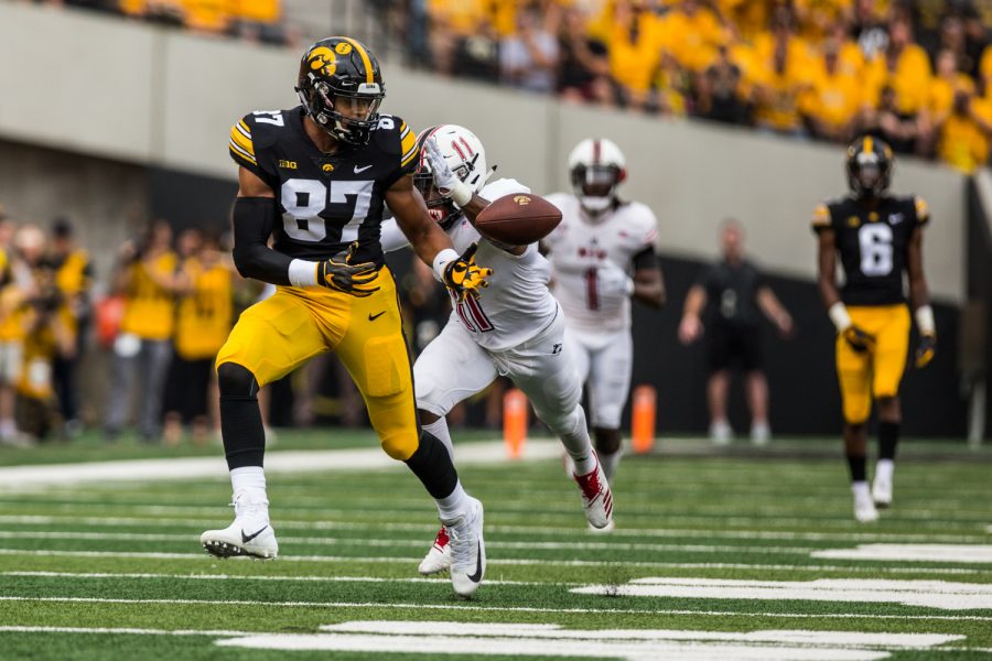 Iowa tight end Noah Fant drops a pass during Iowas game against Northern Illinois at Kinnick Stadium on Saturday, Sept. 1, 2018. The Hawkeyes defeated the Huskies 33-7.