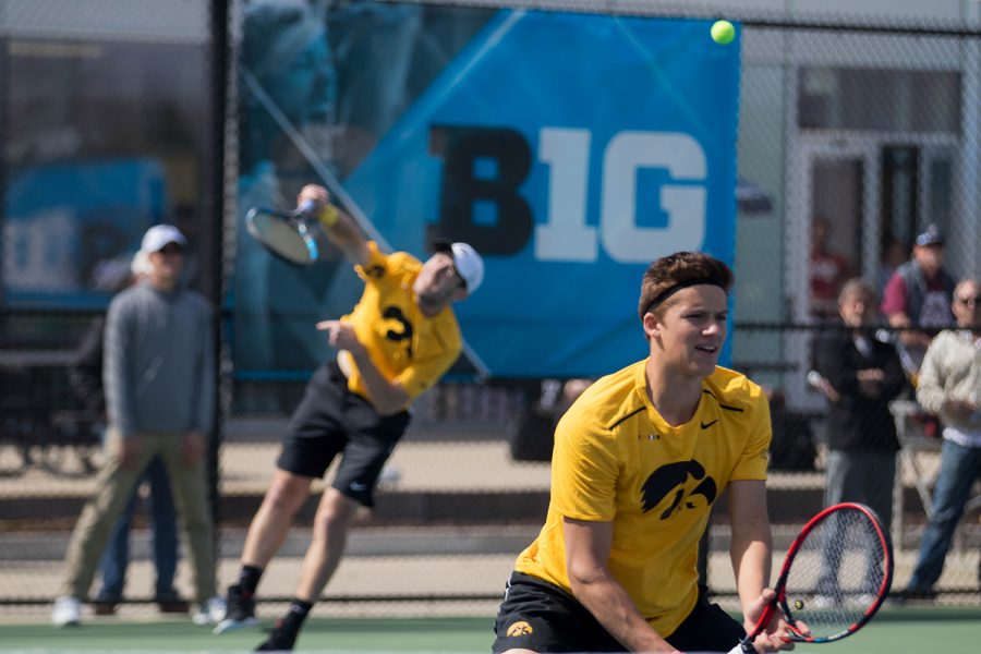 Jake Jacoby serves during the first round of the Mens Big Ten Tennis Tournament at the HTRC on April 26, 2018. 