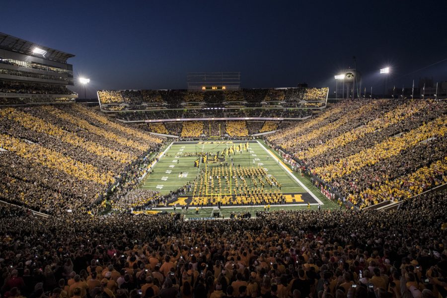 The+Hawkeyes+take+the+field+before+their+game+against+Wisconsin+at+Kinnick+Stadium+on+Saturday%2C+September+22%2C+2018.+The+Badgers+defeated+the+Hawkeyes+28-17.