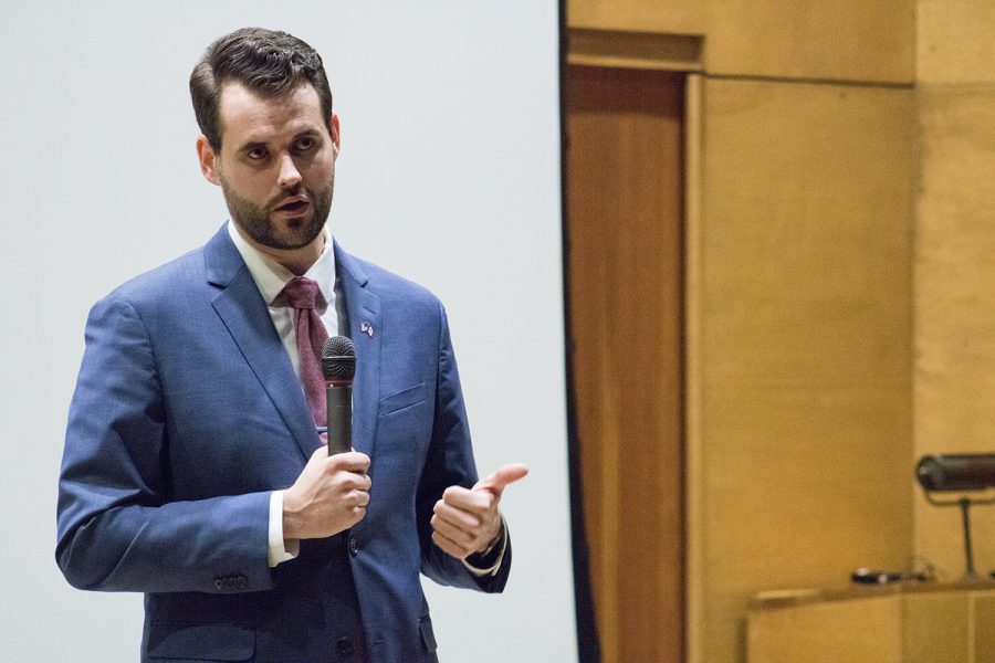 Iowa State Senate candidate Zach Wahls speaks to an audience in the Shambaugh Auditorium on Tuesday, April 17, 2018.