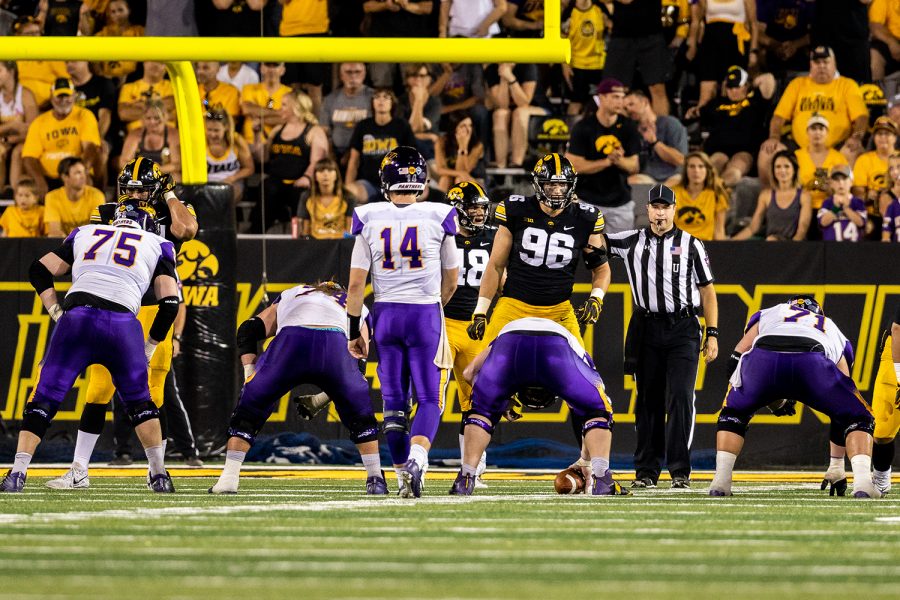 Iowa Hawkeyes defensive end Matt Nelson (96) looks into the backfield during a game against Northern Iowa at Kinnick Stadium on Saturday, Sep. 15, 2018. The Hawkeyes defeated the Panthers 38–14. (David Harmantas/The Daily Iowan)