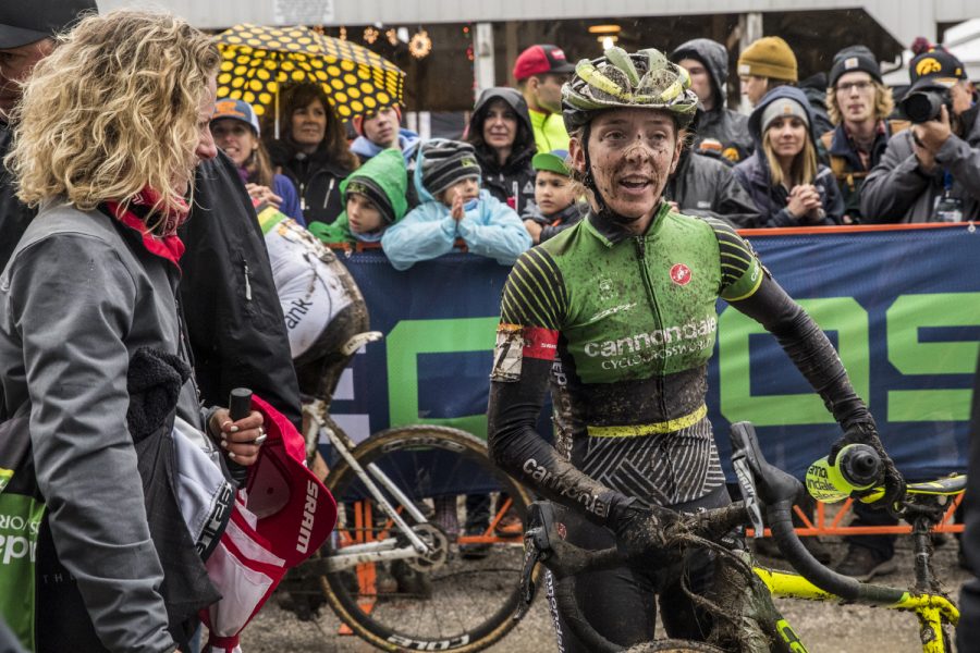 The United States' Kaitlin Keough celebrates after the UCI Elite Cyclo-Cross World Cup at the Jingle Cross Cyclo-Cross festival on Saturday, Sept. 29, 2018. Keough won the race for her first UCI world cup victory.