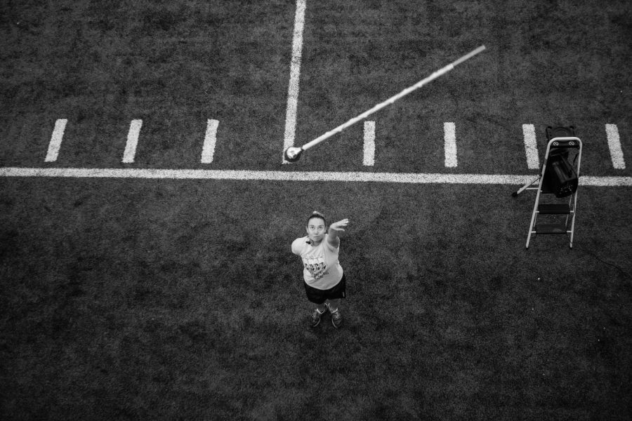 Hawkeye Marching Band drum major Analisa Iole practices at the HTRC on October 23 2018. "Rehearsal is a great time to surround myself with people that are just as passionate about band as I am" said Iole.