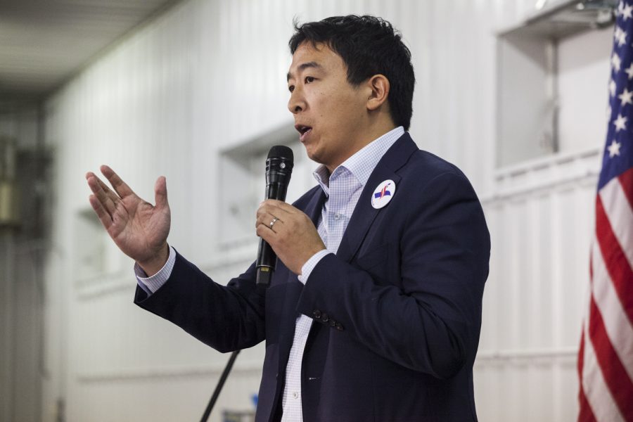 2020 presedential candidate Andrew Yang speaks during the Johnson County Democratic Party Fall Barbecue at the Johnson County Fairgrounds on Sunday Oct. 14, 2018.