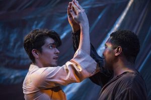 UI students Michael Juarez (left) and Octavius Lanier (right) perform a dance during the LoveBird play rehearsal in the Theater Building on Tuesday, October 16, 2018. LoveBird, by K.T Peterson and directed by Erica Vannon, features castaways Nigel and Norman as they struggle with life on the island and struggle with their increasingly complicated relationship.